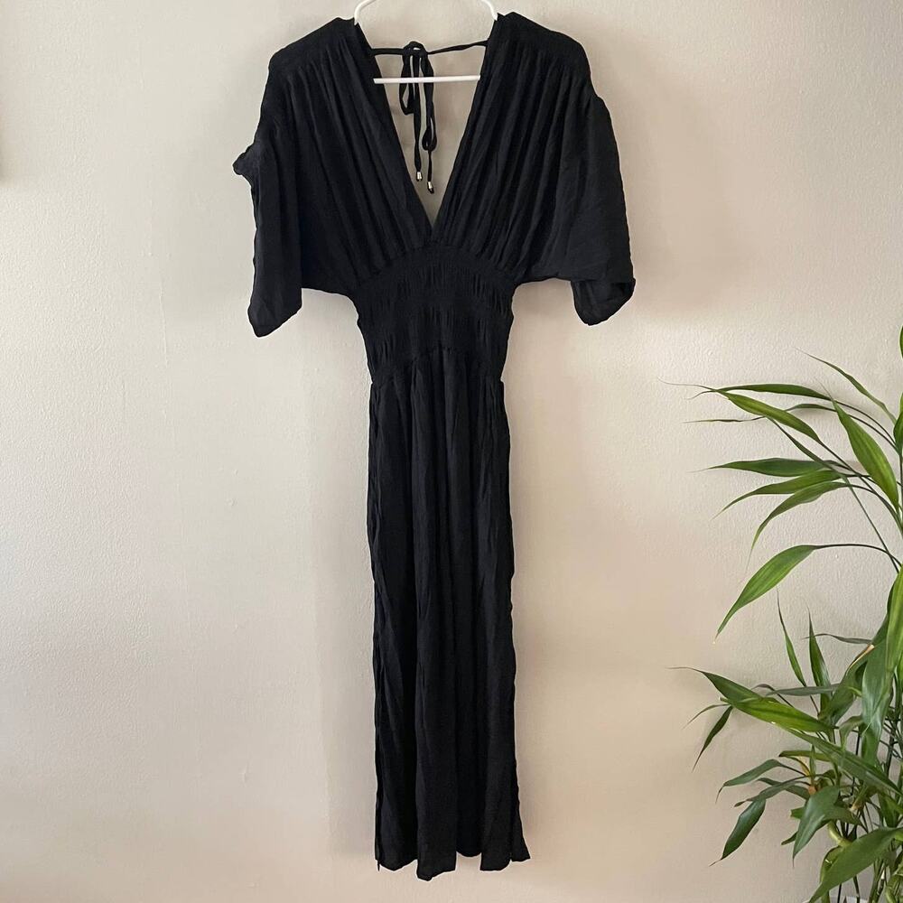 Witchy Midi Dress Womens Small Black Smocked Waist Crinkle Gothcore Whimsigoth